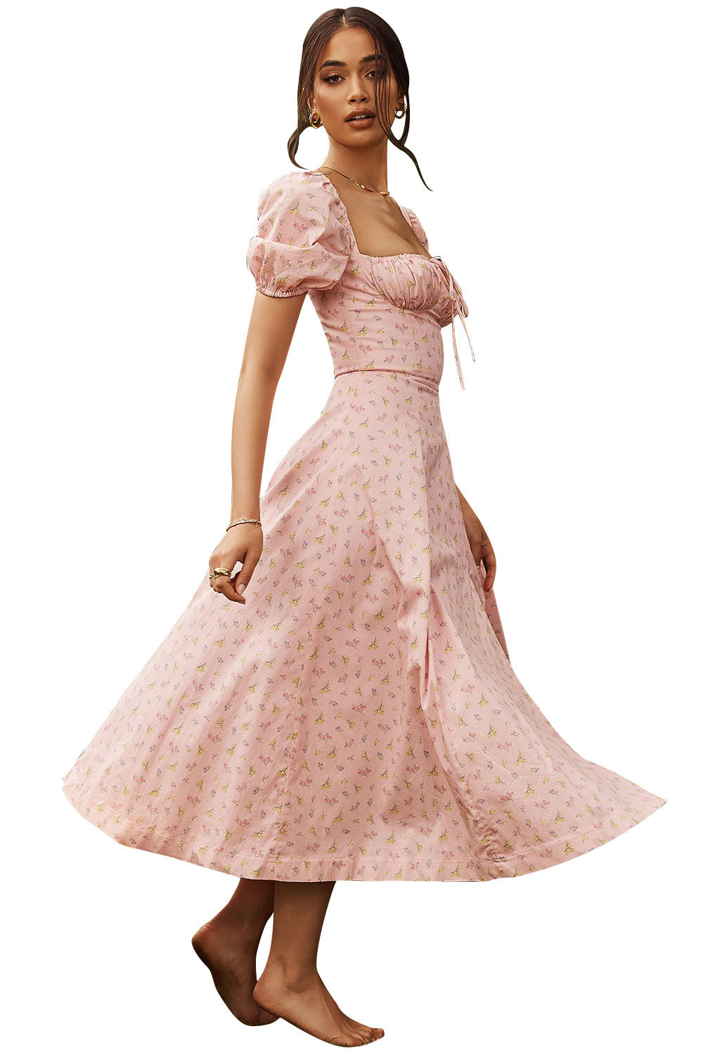 Women Summer Top Product Puff Sleeve Floral Tie Neck High Slit Women Dress Summer by Ragazza