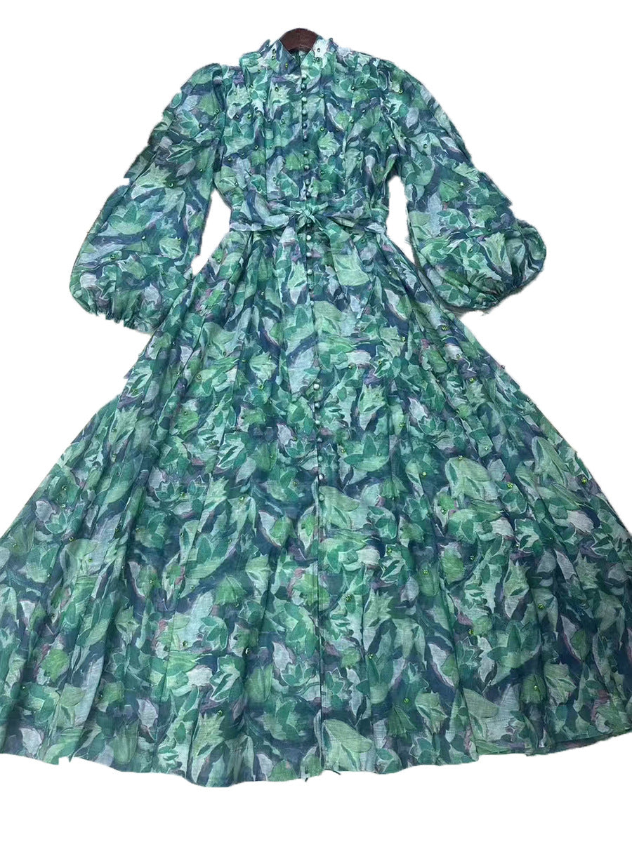 Beautiful Tea Break Dress Spring Summer Small Stand Collar Printed Lace up Waist Slimming Dress Women by Ragazza