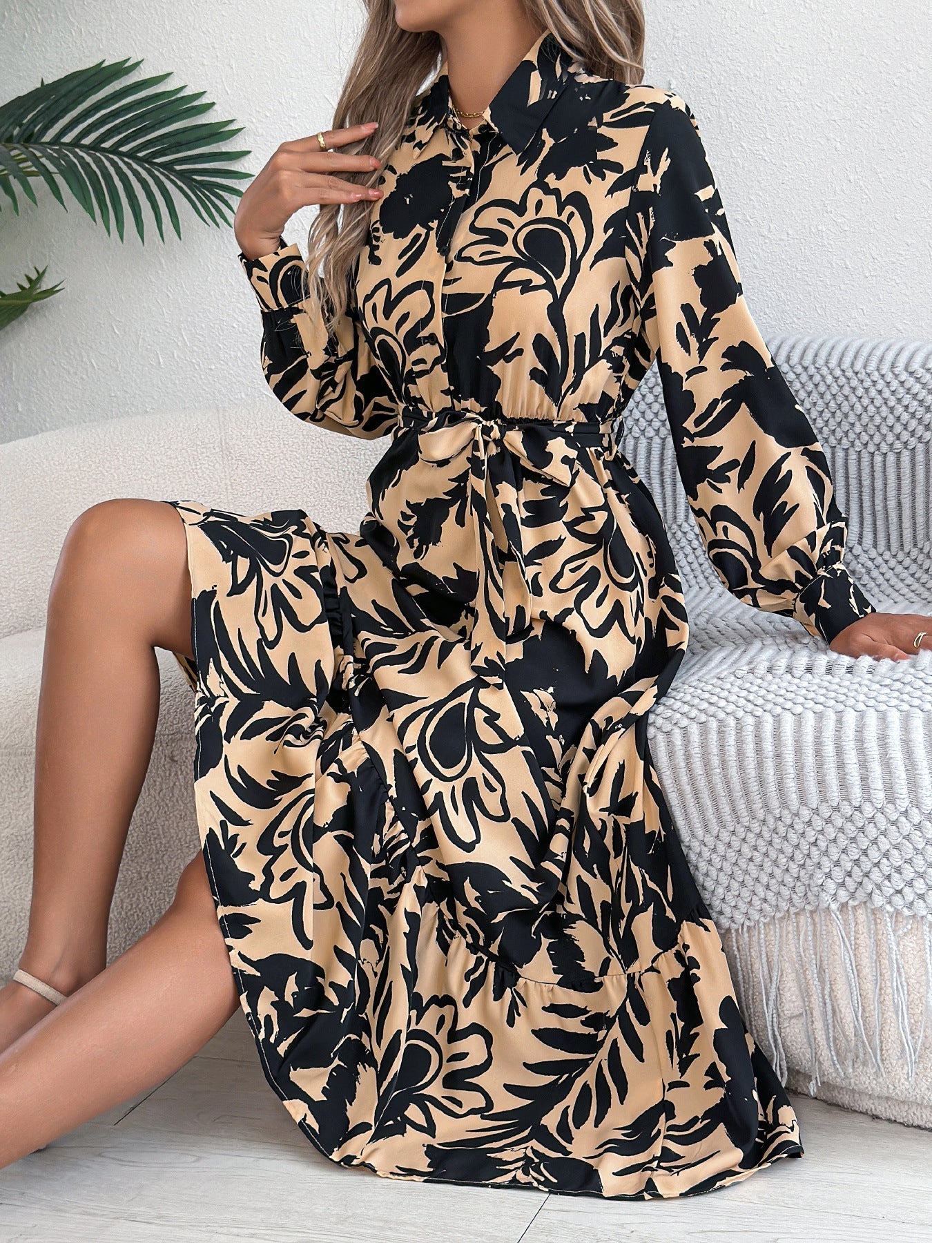 Spring Summer Casual Floral Long Sleeve Shirt Ruffled Maxi Dress Women Clothing DestGlow