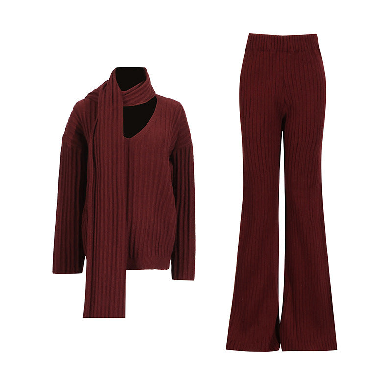 Women Autumn Winter High Grade Elegant Knitted Two Piece Scarf Design Loose Wide Leg Pants Set by Ragazza