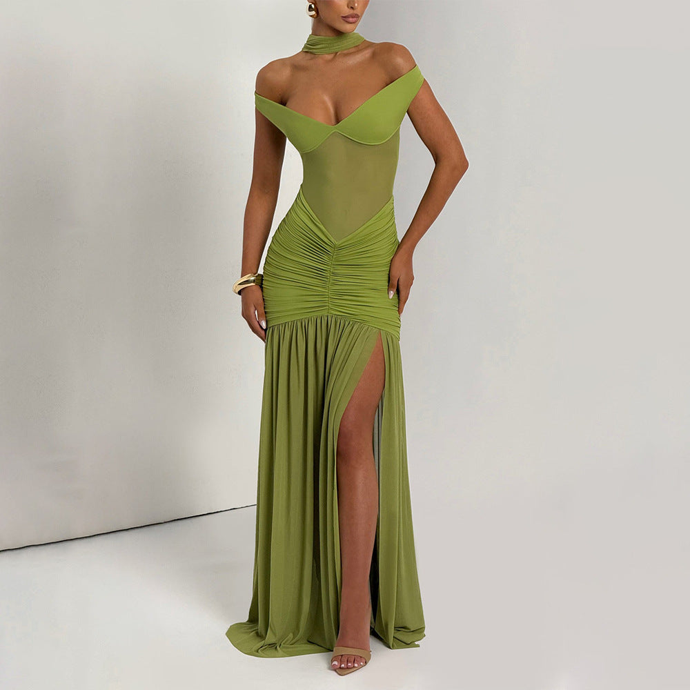 Summer Sexy Tube Top Backless Dress Mesh Pleated Slit Dress by Ragazza
