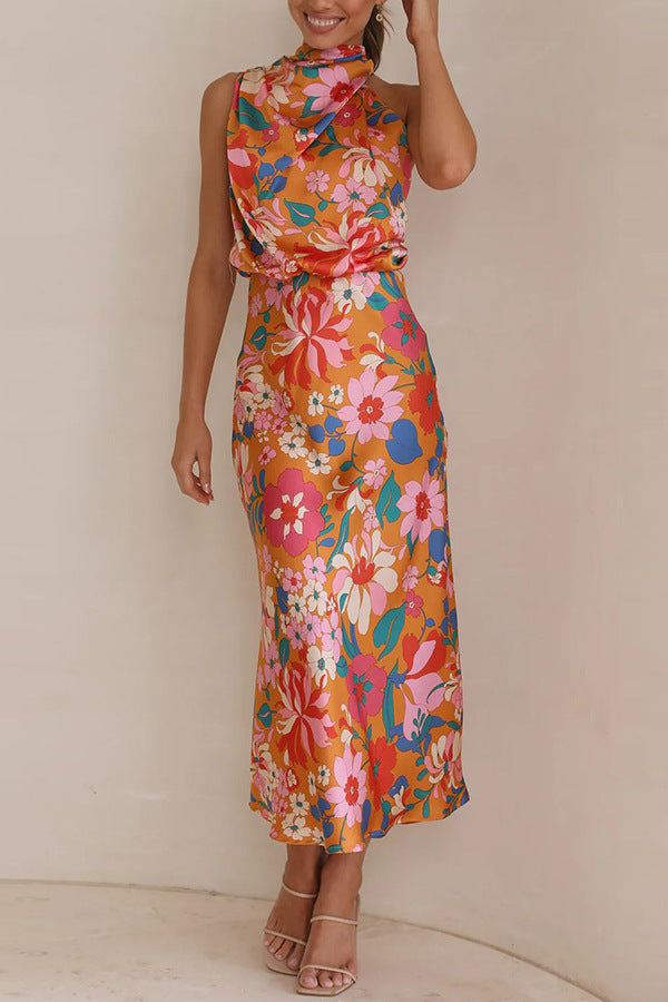 Mature Elegant Women Sleeveless Strap Printing Satin Dress by Ragazza