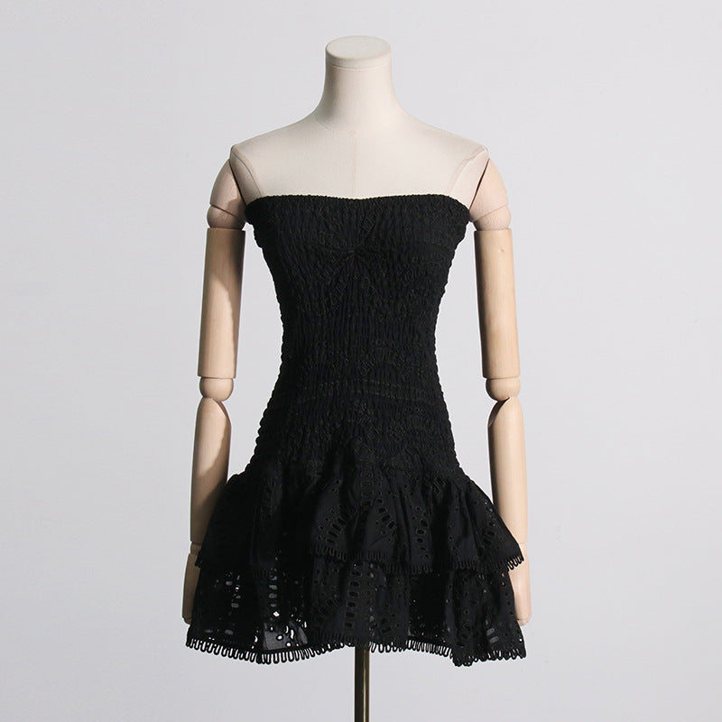 Spring Sexy Sexy Elastic Waist Tube Top Embroidered Ruffled Short Dress for Women by Ragazza