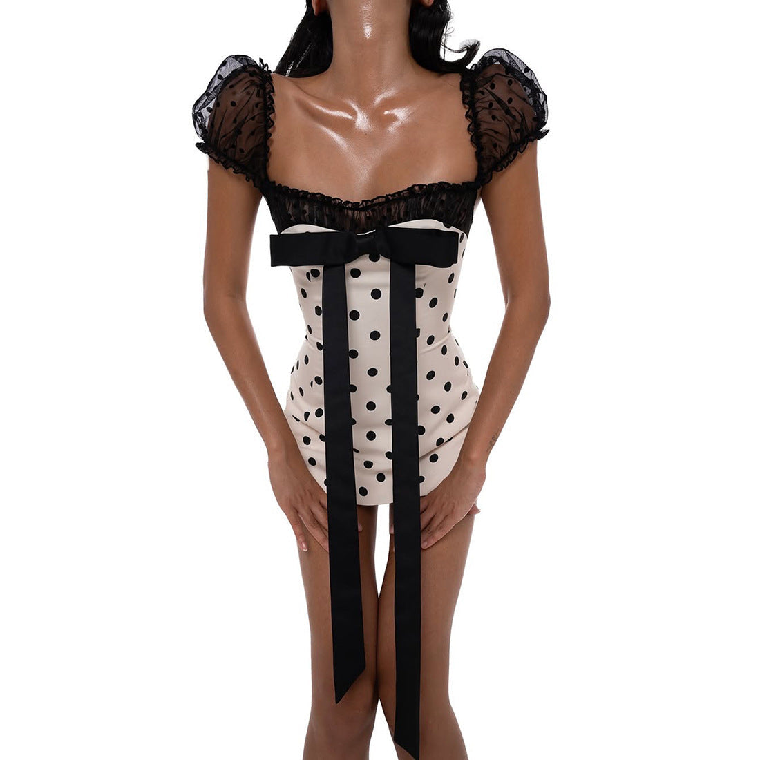Summer Women Bow Polka Dot Short Sexy Lace Stitching Tight Waist Hip Dress by Ragazza