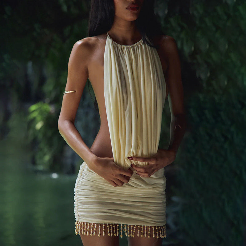 Women Clothing Summer Sexy Backless Elegant Sexy Solid Color Slim Fit Short Hip Hugger Dress Women by Ragazza