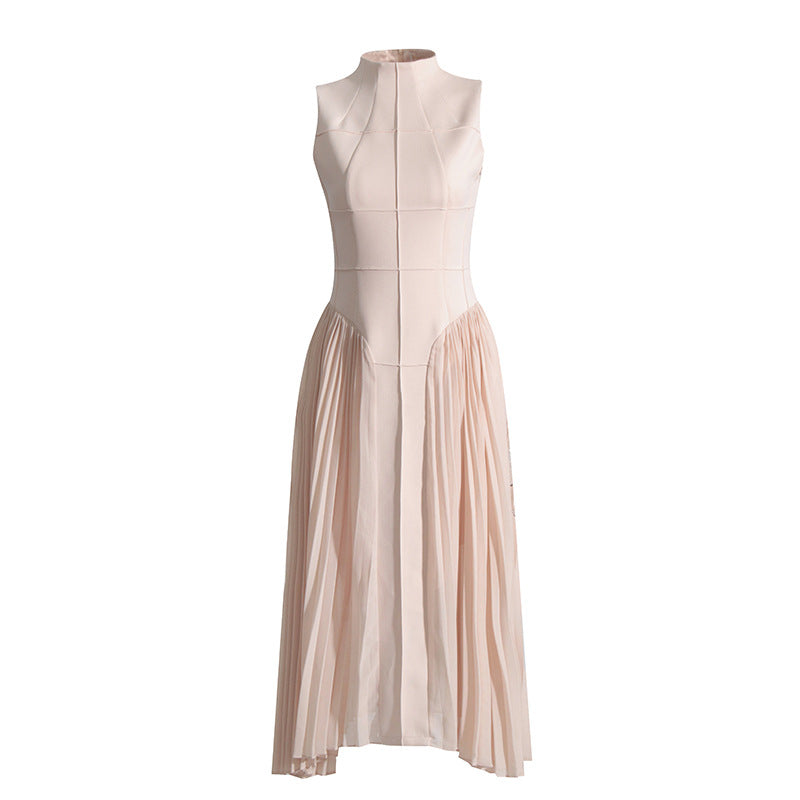 Summer Stand Collar Elegant Slightly Mature Dress Design Pleated Patchwork Waist Slimming Slimming Dress Long Dress by Ragazza