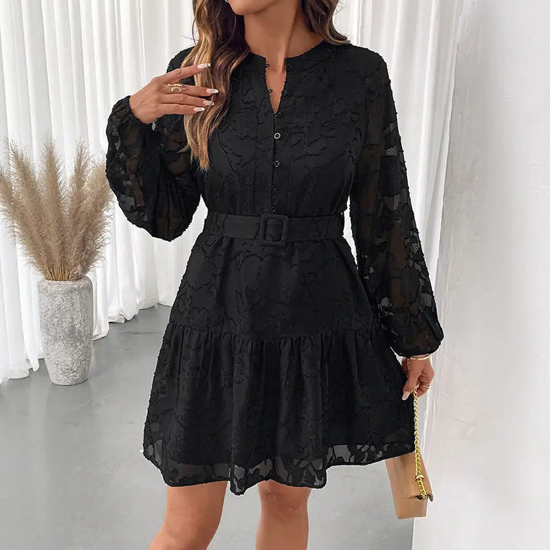 Spring Autumn Elegant Short Dress round Neck Long Sleeve Black Jacquard Dress
