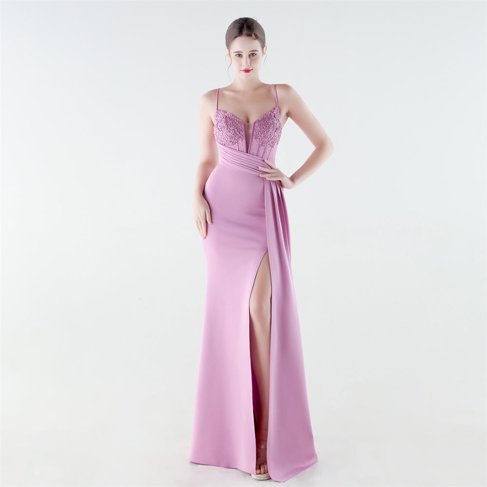 Deep V Plunge Waist Tight High Slit Sequin Embroidered Strap Slim Fit Elegant Evening Dress by Ragazza