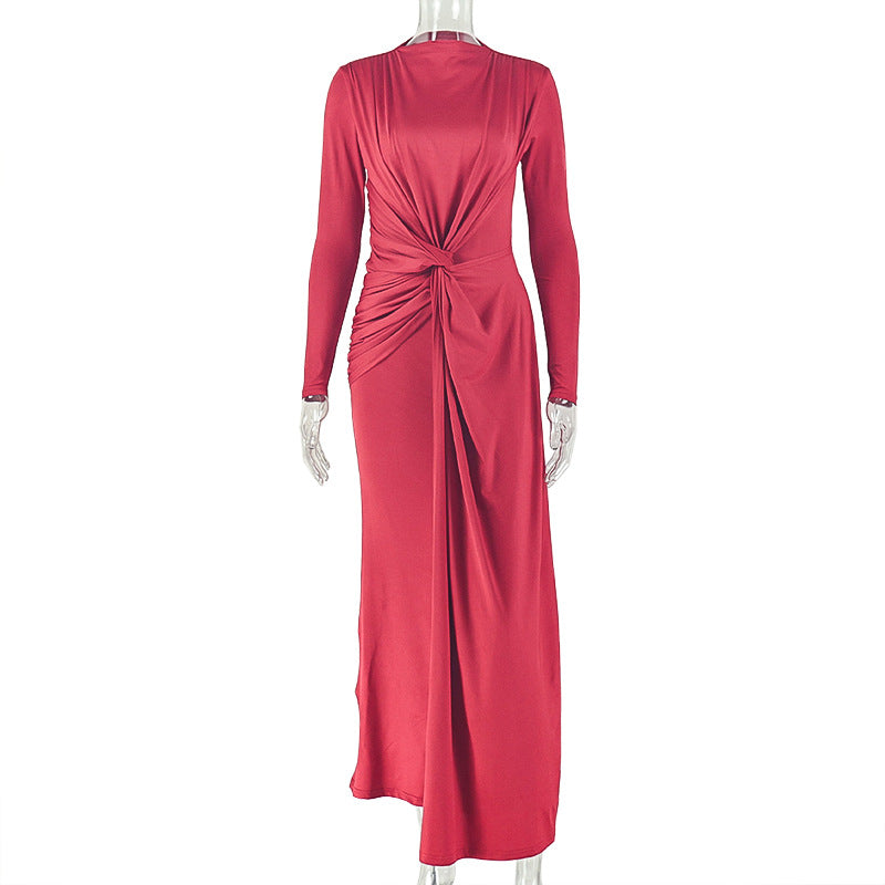 Solid Color Pleated Slim Curve Slimming Hip Dress round Neck Long Sleeve Elegant Women Tight Dress by Ragazza