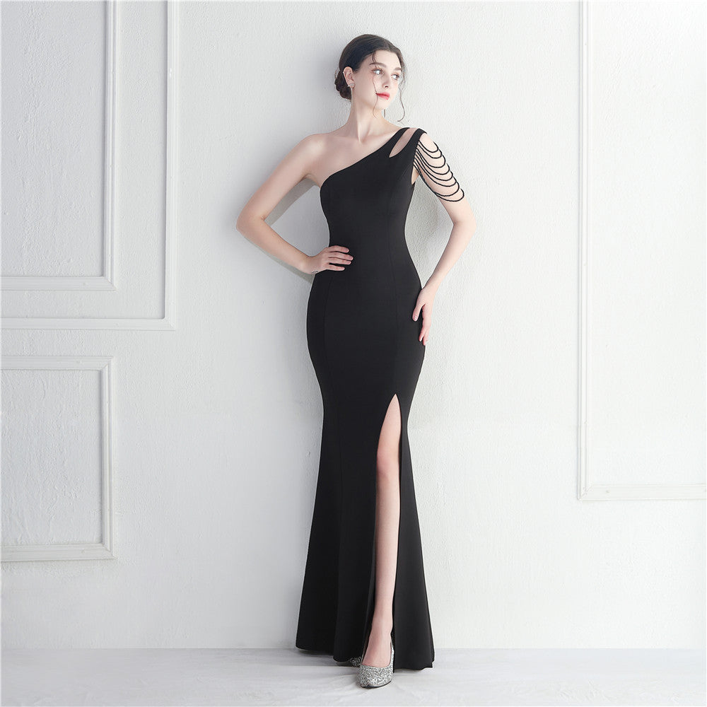 Craft Beaded One Shoulder Diagonal Collar Split Maxi Dress Performance Dinner Dress by Ragazza