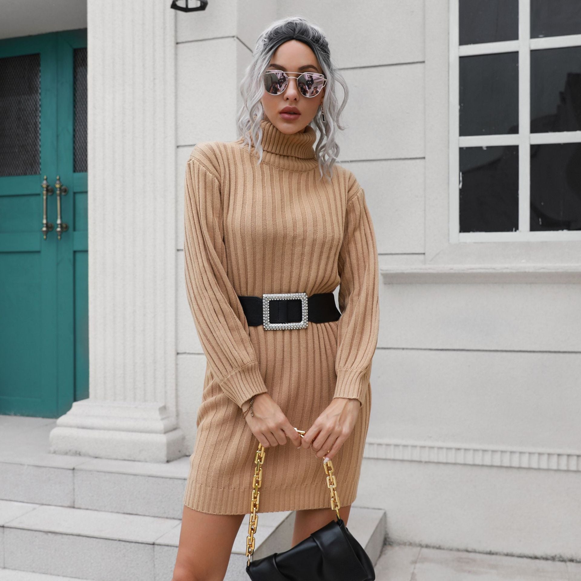 High Collar Sweater Dress Women Knitted Short Dress Autumn Winter Women Clothing by Ragazza