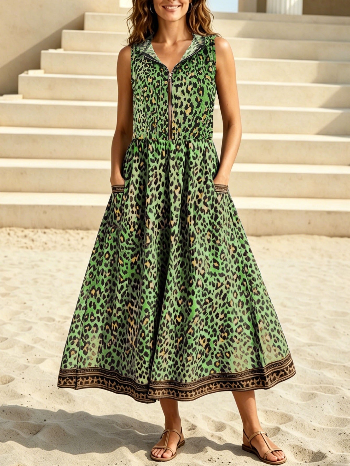 Casual Leopard Print Printed Dress Hooded Zipper Pocket Beach Dress DestGlow