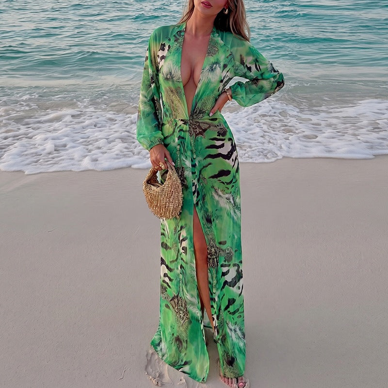 Summer Women Sexy Backless Deep V Plunge Split Long Sleeve Dress DestGlow