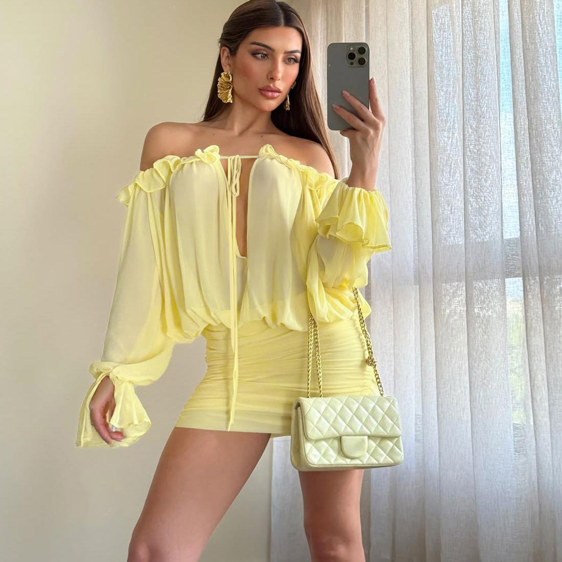 Fall Women Clothing Sexy off the Shoulder Hollow Out Cutout out Tied Solid Color Slim Hip Bag Dress by Ragazza