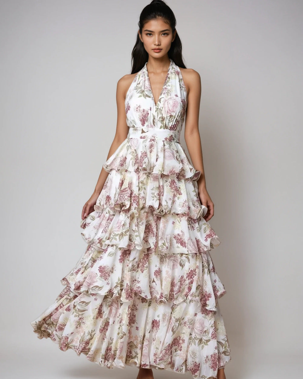 Spring Women Clothing Dress Sexy V neck Sling Multi Layer Printing Dress by Ragazza
