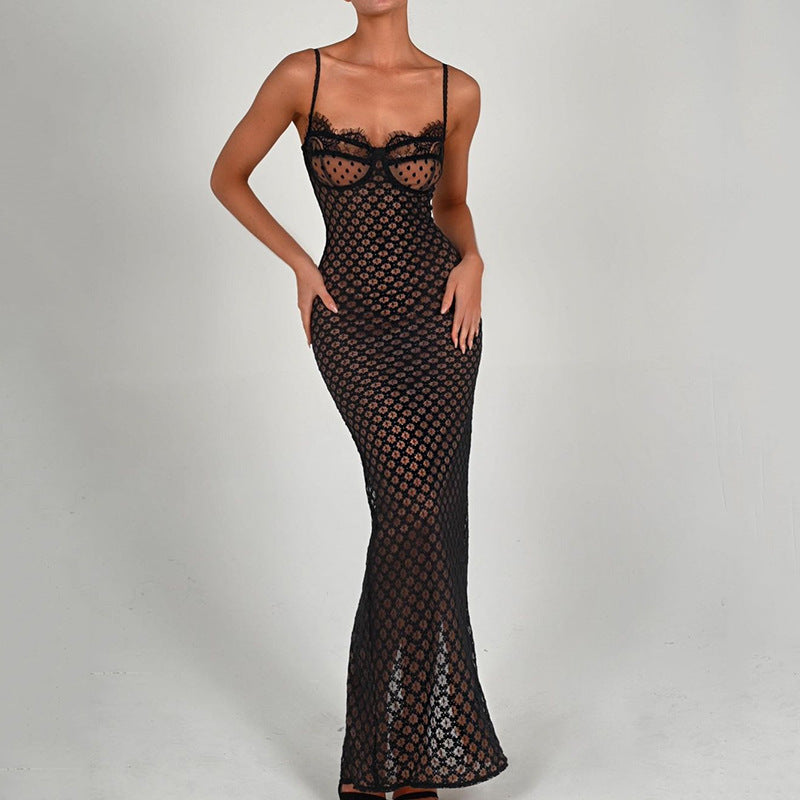 Autumn Sexy Suspender Tight Dress Lace Backless Split Polka Dot Dress DestGlow