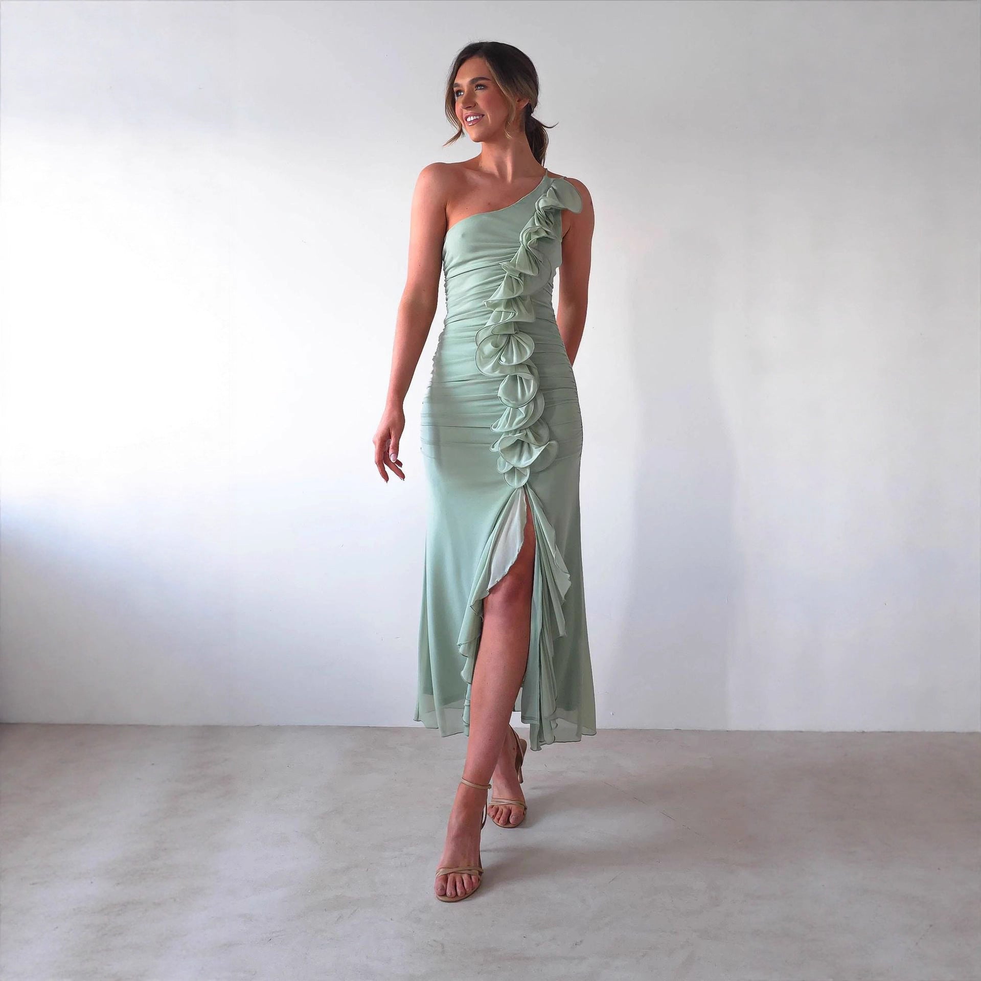 Summer Slant Shoulder Sexy Pleated High Slit Slim Fit Dress by Ragazza