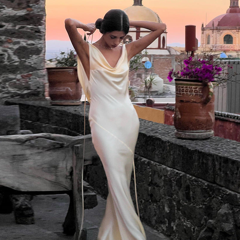 Women off Shoulder Dress Sexy Backless Satin Dress Light Luxury Dress Elegant Fishtail by Ragazza