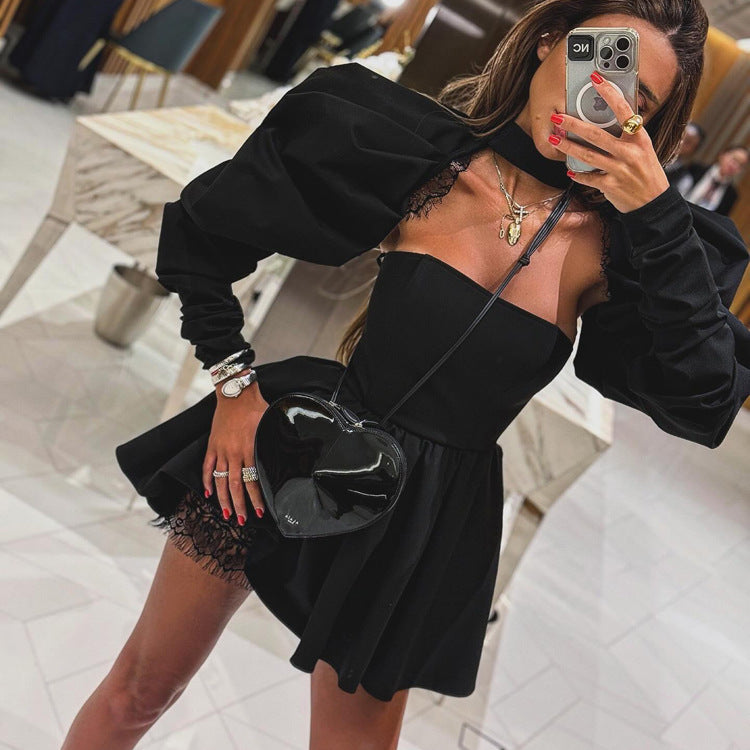 French Tube Top Dress Women High Grade Sexy Backless Long Sleeves Black Two Piece A Line Dress by Ragazza