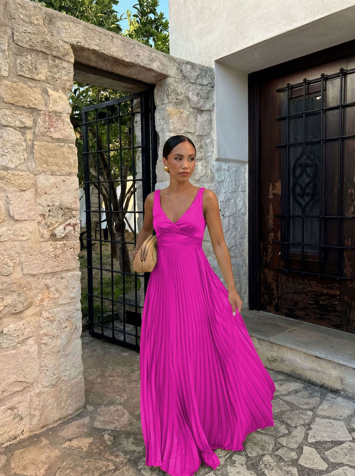 Goods Spring Summer Dress Fitted Waist Pleated V neck Brace Solid Color Dress DestGlow