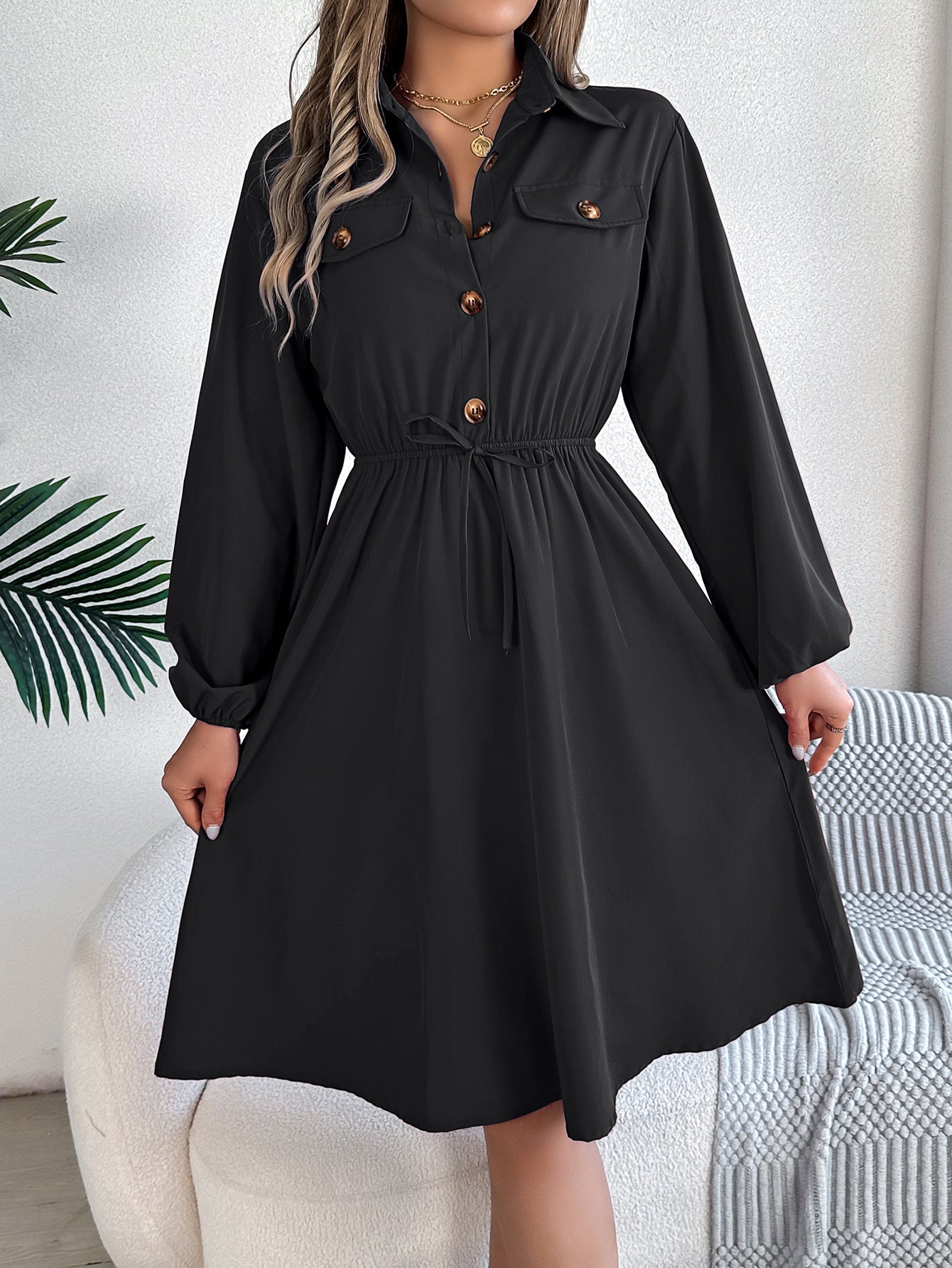 Real Shot Autumn Winter Casual Button Lace up Waist Controlled Long Sleeves Shirt Dress Women Clothing by Ragazza