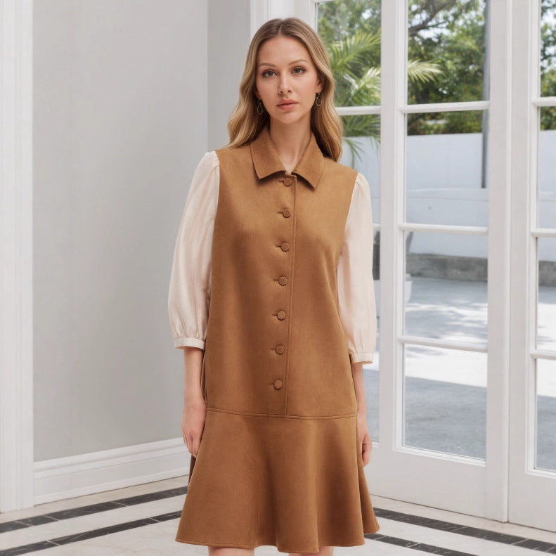 Fashionable Elegant Girls Autumn Suede Spun Yarn Slimming Short Cropped Puff Sleeve Waist Slimming Dress by Ragazza