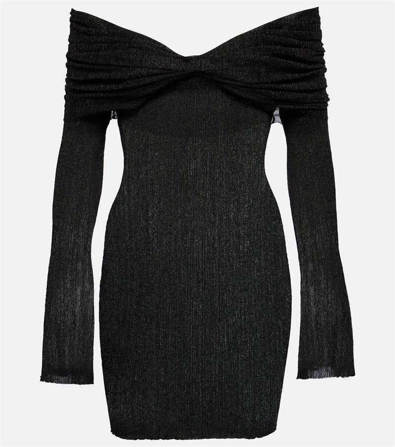 Los Angeles Designer off-Shoulder Tube Top Dress Contrast Color Pleated Low Cut Long Sleeve Waist Slimming Hip Dress DestGlow