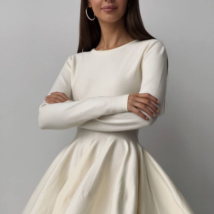Round Neck Waist Trimming Knitted Dress Women All Match Advanced Pleated Woolen by Ragazza