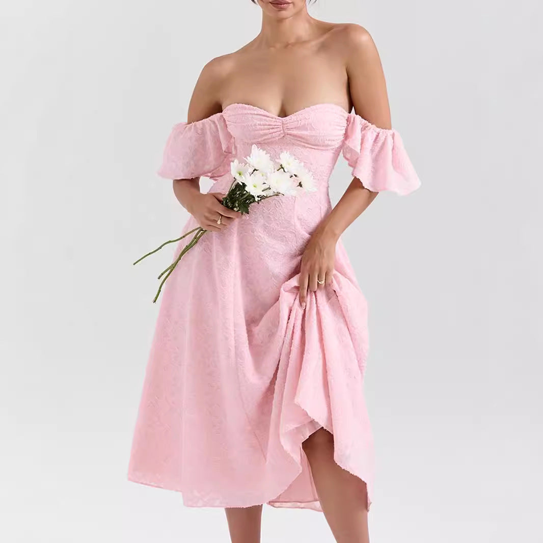 Women Wear Pink Sexy Square Neck Fitted Waist Backless Mid Length Dress French Dress by Ragazza