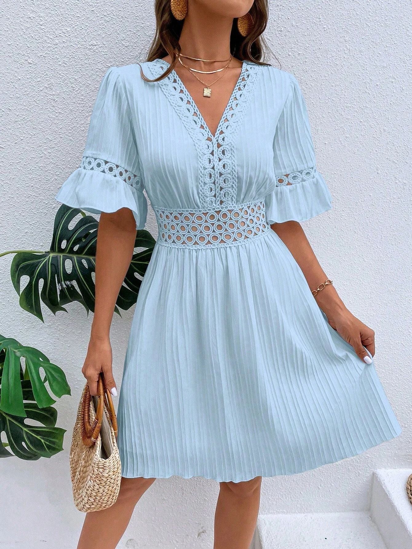 Women Clothing Summer Patchwork Lace V Neck Tight Waist Solid Color Dress by Ragazza