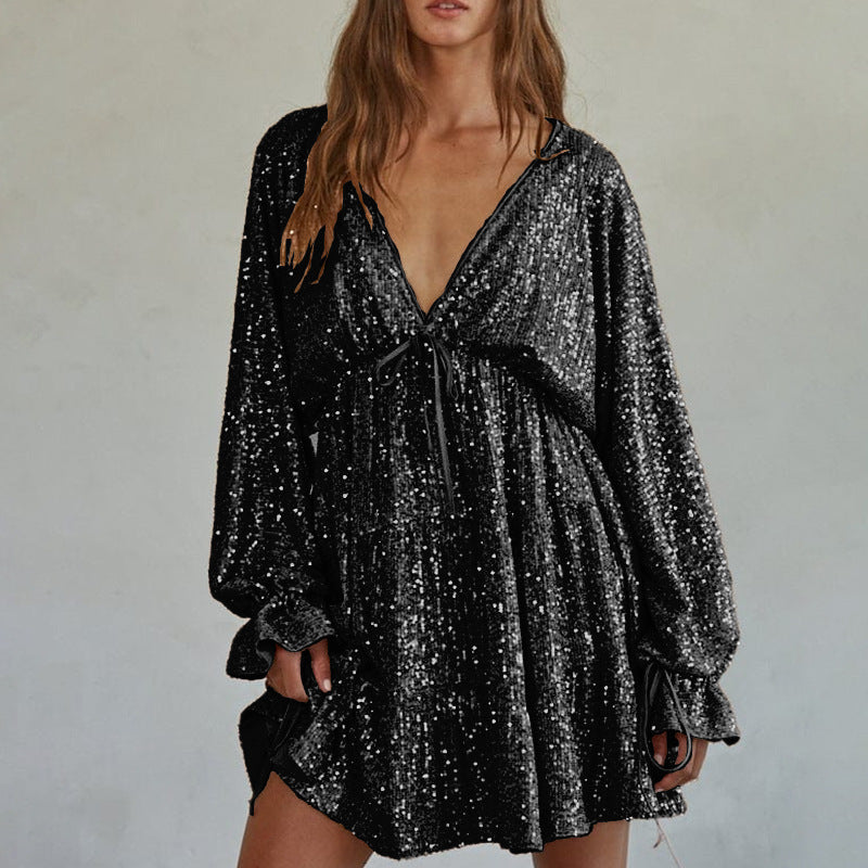 Lace up V neck Sequin Dress Sexy Drape Dress Women Summer DestGlow