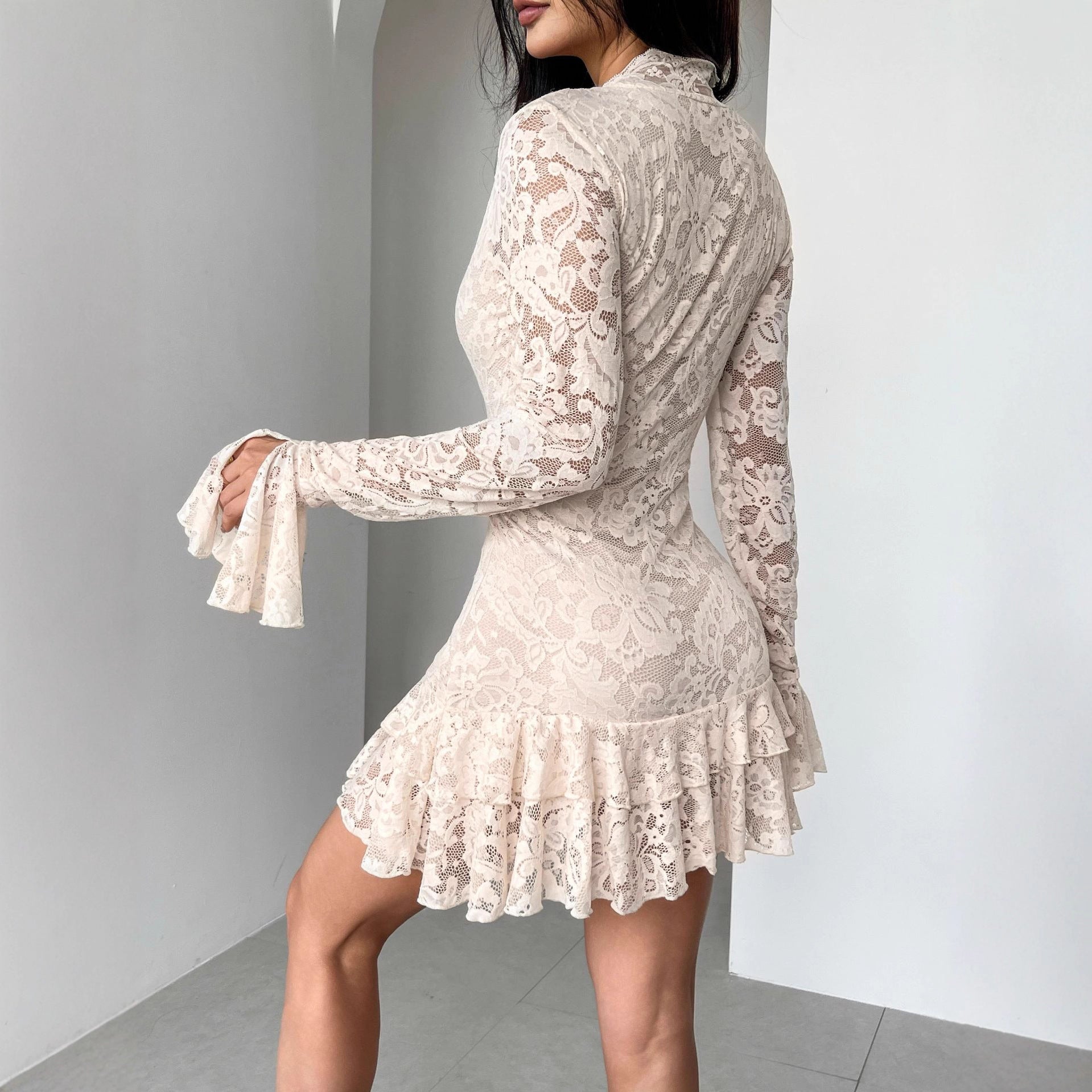 Autumn Winter Lace V neck Double Layer Ruffled Slim Fit Sheath Dress by Ragazza