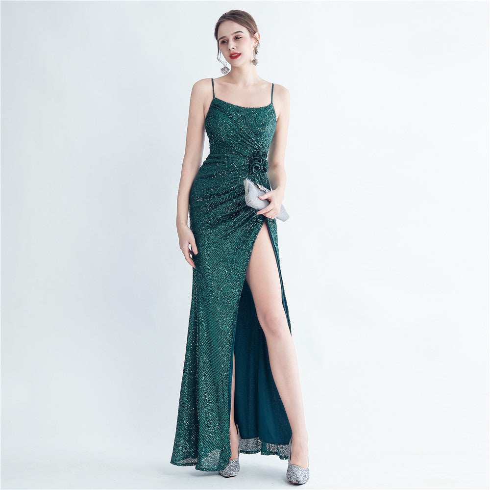 Gathers Sequ Handmade Floral Split Sling Simple Evening Dress by Ragazza