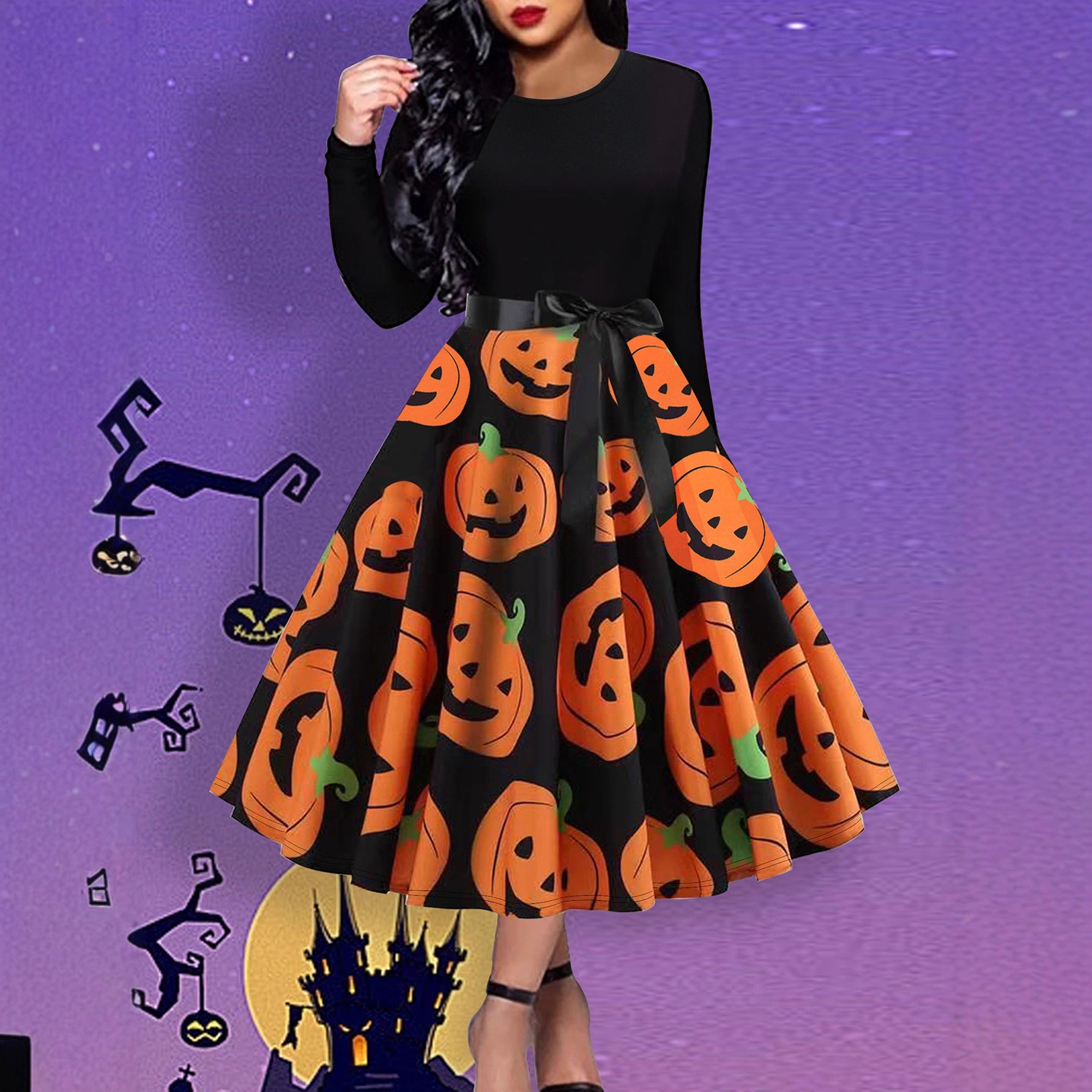 Women Clothing Pumpkin Bow Halloween Dress Long Sleeve Princess Holiday Casual by Ragazza