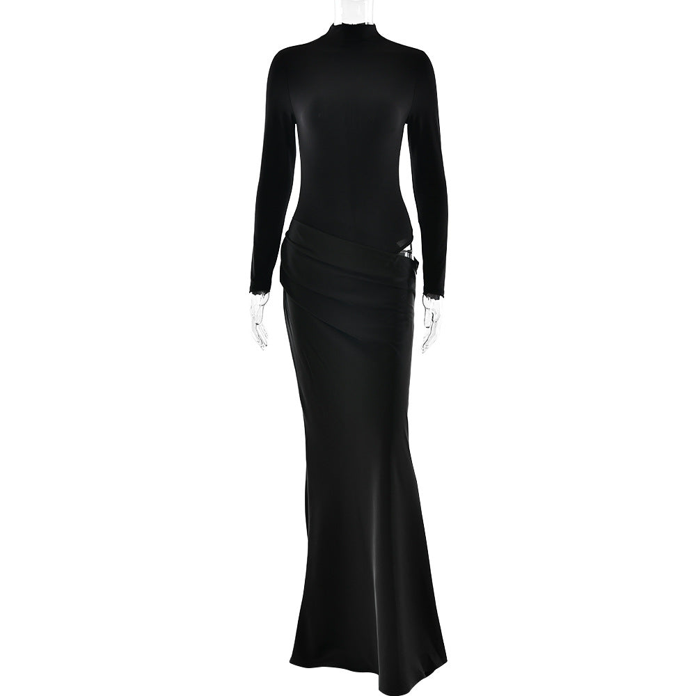 Summer Half High Collar Long Sleeves Dress Sexy Slim Fit Faux Two Piece Solid Color Dress by Ragazza