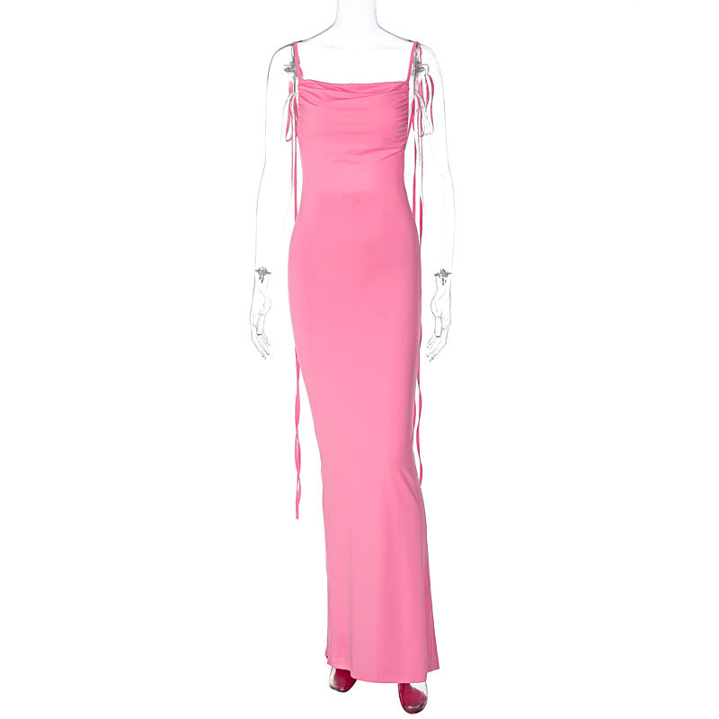 Solid Color Sexy Backless Pleated Long Elegant Slim Strap Dress for Women DestGlow