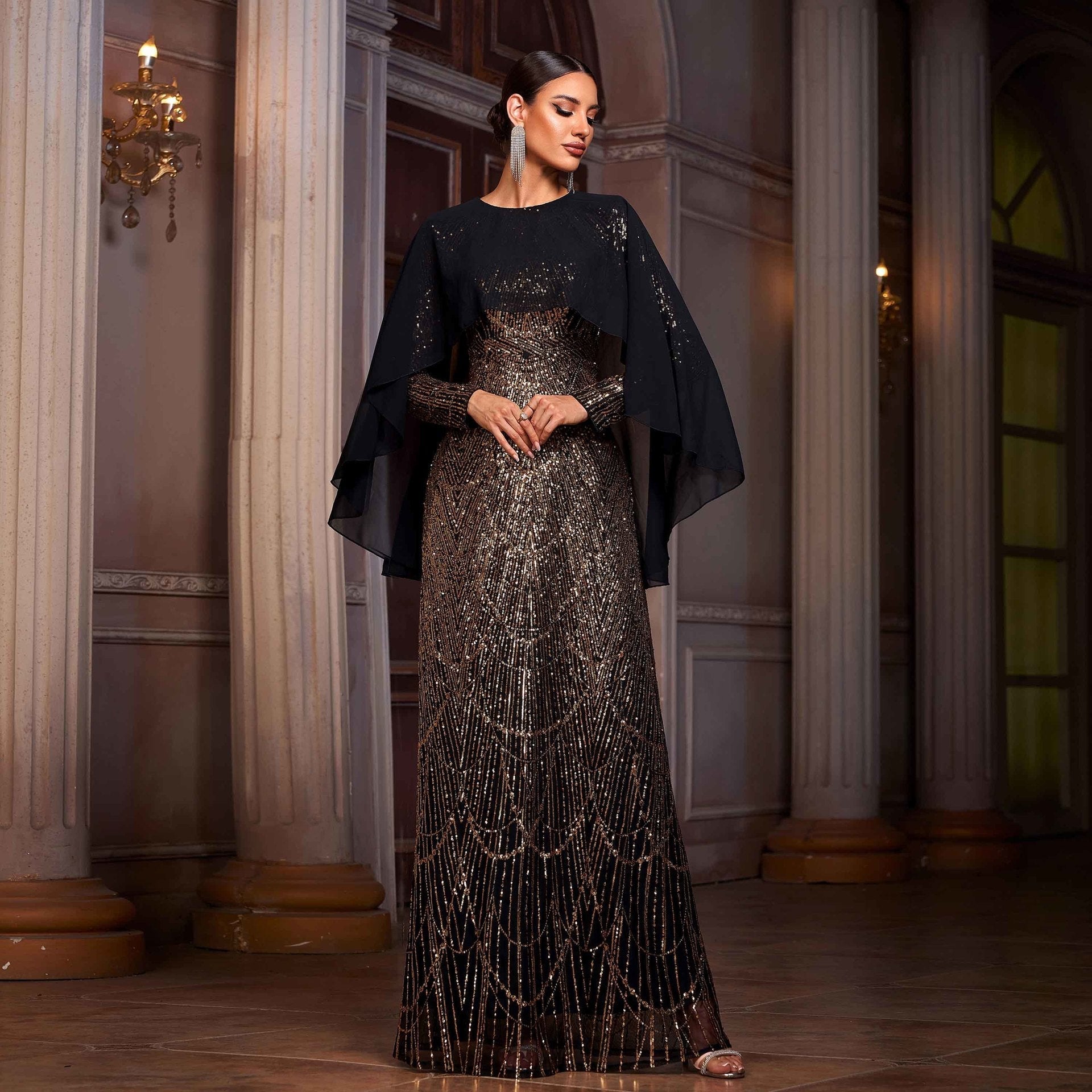 Women Clothing High Grade Long Sleeved round Neck Shawl Cocktail Sequined A Swing Evening Dress Women by Ragazza