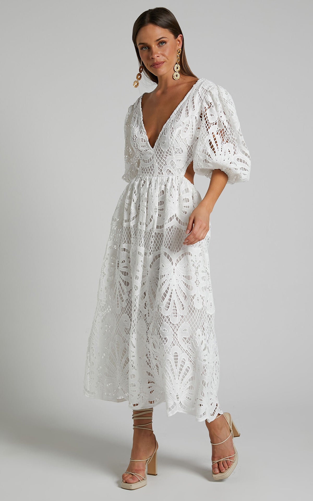 Women Clothing Hollow Out Cutout out Dress Summer V neck Lace Embroidery Sexy Waist Baring Dress by Ragazza