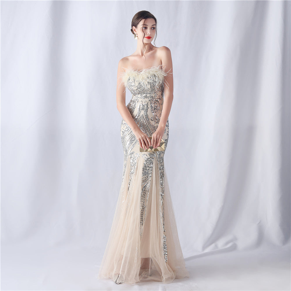 Ostrich Feather Positioning Floral Cutting Wedding Annual Meeting Tube Top Sequin Gauze Evening Dress by Ragazza