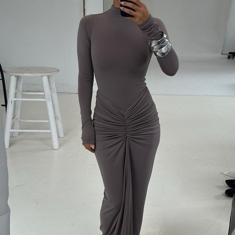 Autumn Winter Sexy Slimming Beam Waist Solid Color Maxi Dress Pleated Dress Women DestGlow