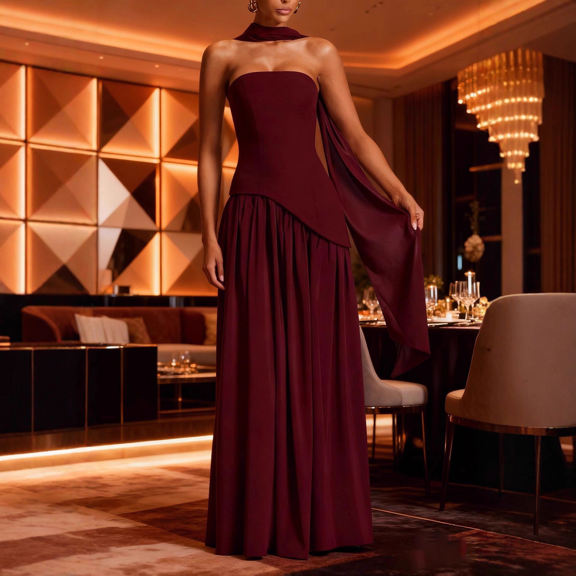 Tube Top Solid Color Split Dress Sexy Backless Halter Ribbon Dress by Ragazza