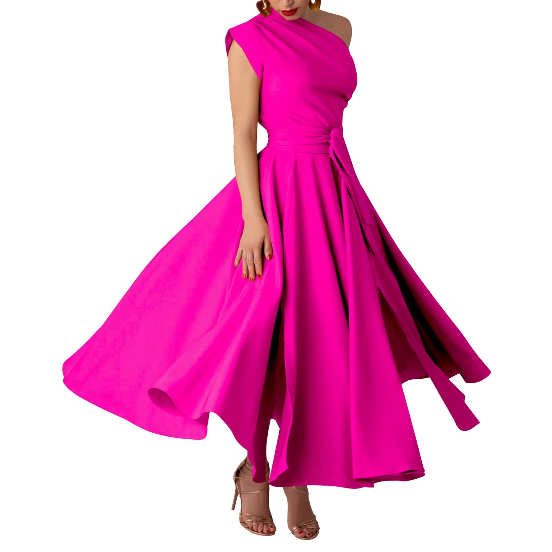 Summer Women Wear Sleeveless Diagonal Collar Solid Color Waist Tight Swing Dress by Ragazza