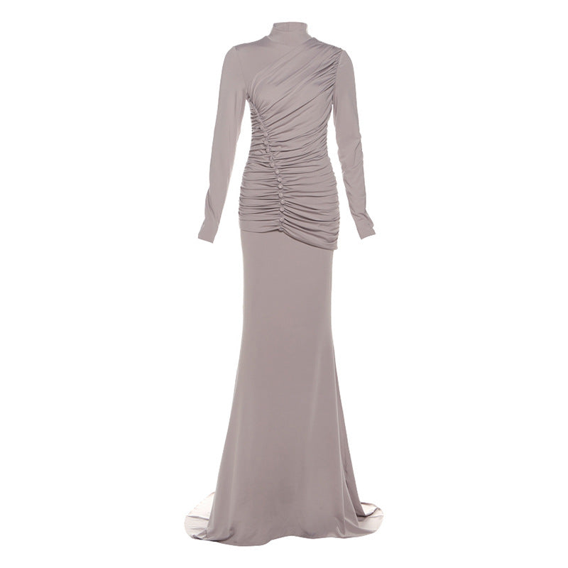 Autumn Winter Women Clothing High Waist Ruched Elegant Graceful Long Sleeved Dress Mop Dress by Ragazza
