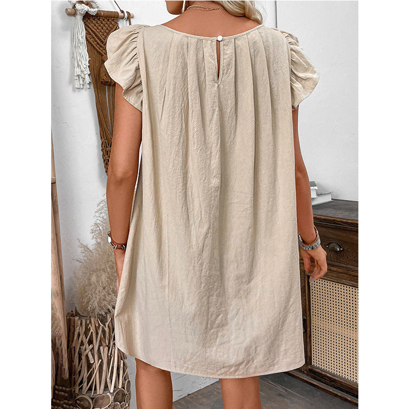 Round Neck Dress Solid Color Mid Dress Summer Ruffles Solid Color Round Neck Loose Mid Dress Women by Ragazza