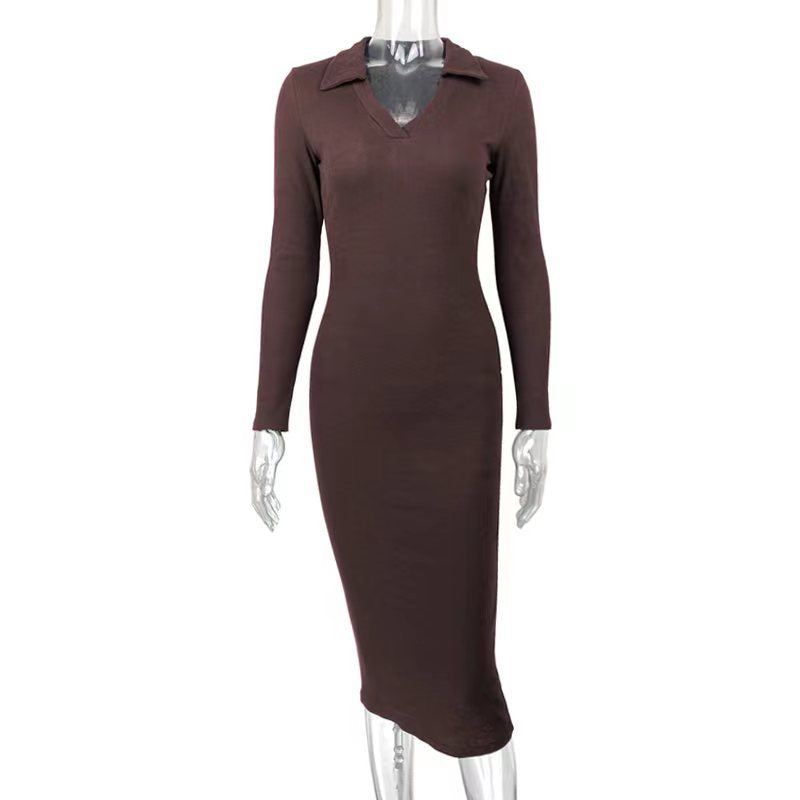Autumn Winter Women Clothing Midi French Sexy Deep V Plunge Plunge Collared Slimming Dress by Ragazza
