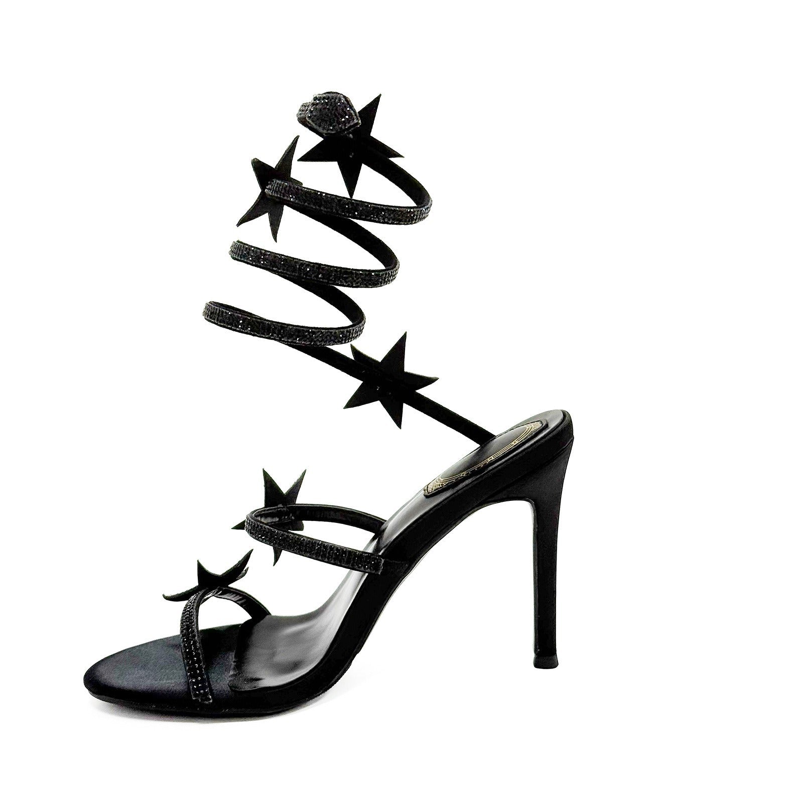 Black Silver 10cm Stiletto Heel Small round Head Rhinestone High Heel Sandals Summer Heels DestGlow