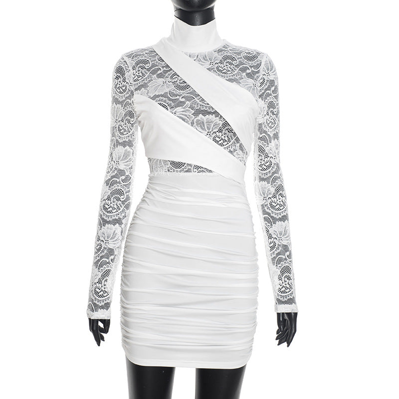 Women Clothing Autumn Winter Sexy Solid Color Half Collar Lace Stitching Long Sleeve Narrow Dress by Ragazza
