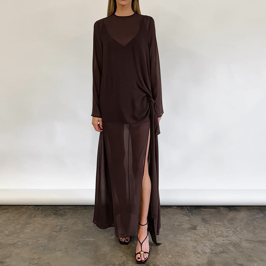 Spring Summer Arrival Mesh See through round Neck Long Sleeve Lace up Bow Split Dress Women by Ragazza