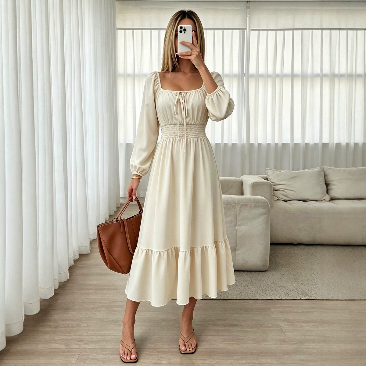Square Collar Long Sleeve Dress Women Puff Sleeve Lace up Waist Controlled Slimming Ruffled Maxi Dress DestGlow