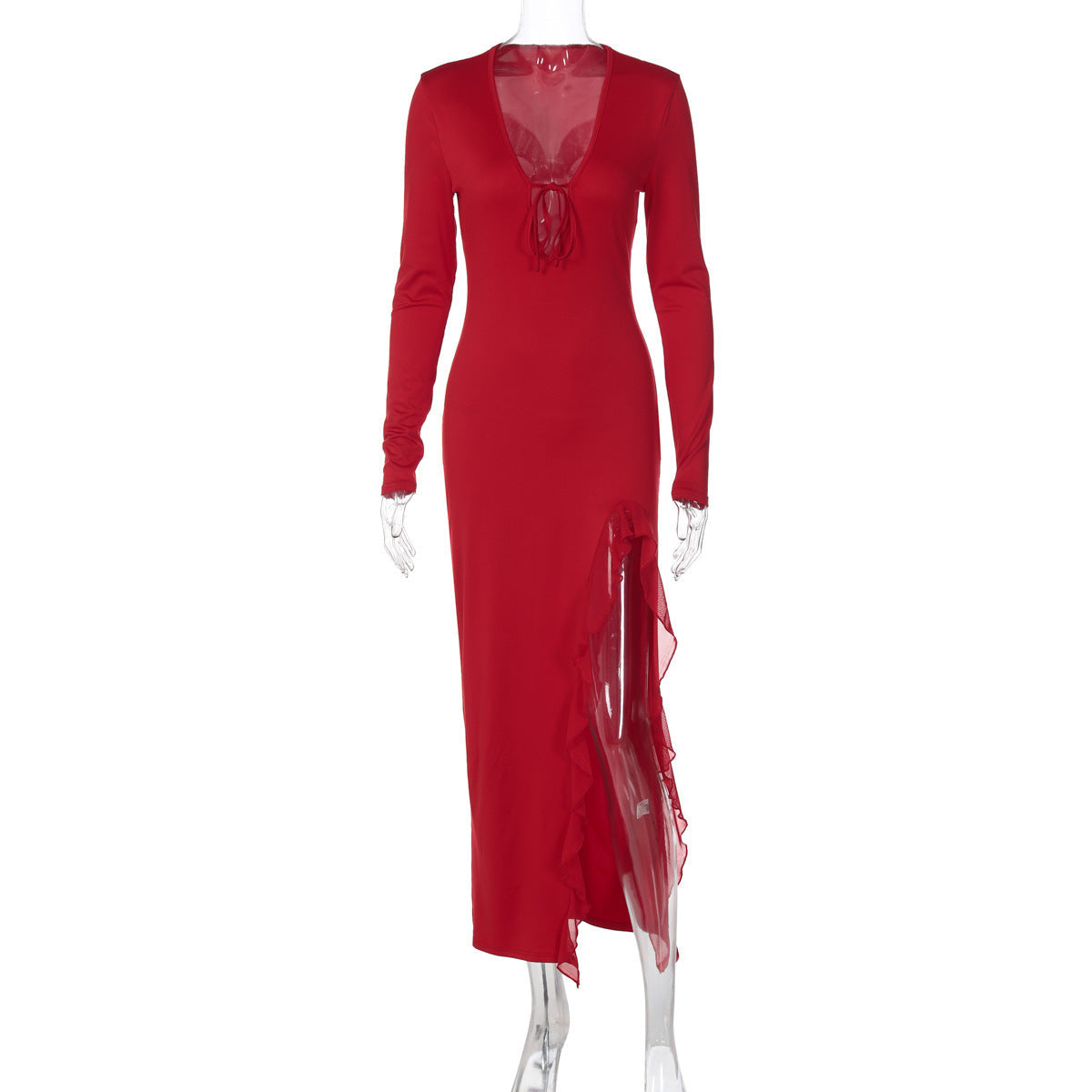 Women Clothing Summer Sexy U Collar Lace up Side Slit Lace up Slim Fit Long Sleeved Dress DestGlow